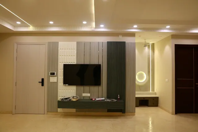 Bedroom vanity corner with arched wall cabinet, mirror unit, and soft ambient lighting